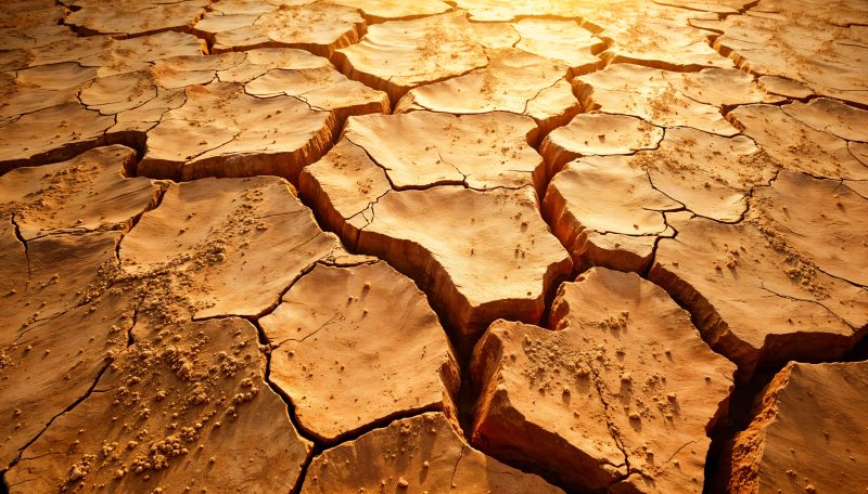 Sol argileux craquelé par la sécheresse — retrait-gonflement des argiles (RGA) en France