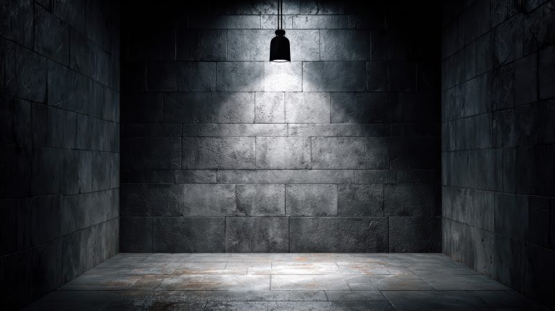 Cave sombre en béton d'une habitation — accumulation du radon, gaz radioactif du sous-sol